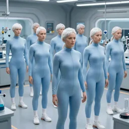 troop of identical athletic humans with white hair wearing tight light blue neopren suits, in formation, futuristic chemistry lab, sci - fi, highly detailed, hyperrealistic