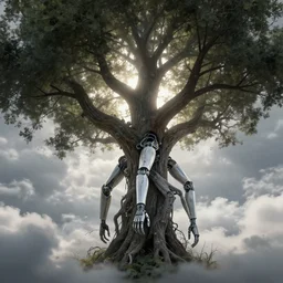 biomechanical arms and legs growing out of a tree, intricate details, finger branches, backlit, clouds, concept art, by greg rutkowski