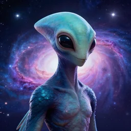 portrait from a avian alien species, synthwave, universe background, nebula, galaxy, artstation