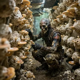 the lair of a surviving postapocalyptic humans growing edible fungi, 8K
