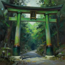 the green torii gate!!! a highly detailed cinematic oil painting by roger dean and alena aenami, dynamic lighting