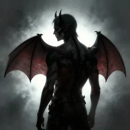 a portrait of a half bat half man, back lighting, horror, digital art, in the style of greg rutkowski, simin stalenhag,