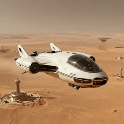 A futuristic flying vehicle hovering over Mars colony, super detailed, aerial shot, mood lighting, Behance, digital art in the style of Oblivion movie, trending on Artstation, by Vincent Di Fate