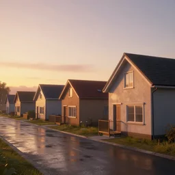 clue houses, vaponpunk, sunset, 8k, soft light, ray tracing, wet ground