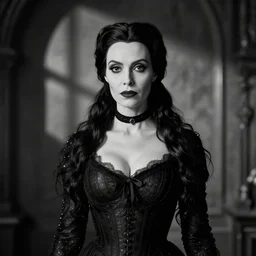 b & w photo of morticia addams as played by jodie whittaker