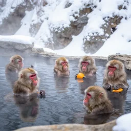 a group of Japanese macaques in a snowy hot spring, oranges floating in the water, early morning