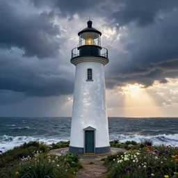 portrait lighthouse, stormy seas, sunset, storm clouds, blue silver color palette, god rays, flowers around lighthouse, max rive, 4 k, instagram, landscape, hdr