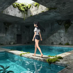 Digital anime art by WLOP and Mobius, Water reservoir, concrete ceiling with holes, overrun by moss, girl in school swimsuit walking on edge of pool, highly detailed, dim and shadowy lighting, some sunlight above