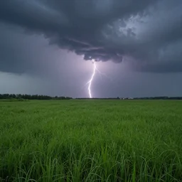 Grassy field during a thunderstorm, dramatic lighting, 4K