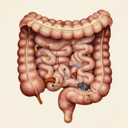 intarsia inlay organic, insane by jean delville, by dino valls. a land art of the human intestine in all its glory. each section of the intestine is labelled, & various items & creatures can be seen inside, such as bacteria, food particles, & even a little mouse.