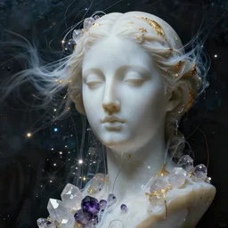 abstract female face sculpture melting in white marble and amethyst crystals quartz, ethereal lights, fine details, film still, cinematic photoshooting, luxury, strong wind, dark mood, sad, liquid acrylic painting, optical cables, cold colors, golden filigree, lens flares, octane render, art by man ray, alexander calder
