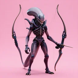 a xenomorph wearing a bow on a pink background, ultra realistic concept art, symmetrical, single subject, amazing composition, art station, geiger