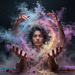humans , feedback loop , burst of powders ,volumetric lighting, twisting vapour, bellowing dust , emerging hands and beautiful man’s face , full colour , upscale , 4k