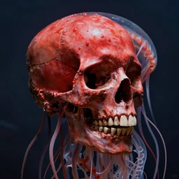 a red human skull embraced by the tendrils of a jellyfish by josan gonzalez