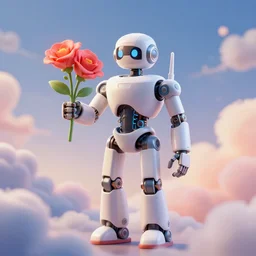 Robot holding flowers in heaven. c4d, blender, clear detail, 8k, trending on artstation, unreal engine, lee madgwick, hubert robert