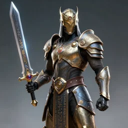 kemetic warrior holding futuristic sword and wearing futuristic armor inscribed with hieroglyphs, digital art