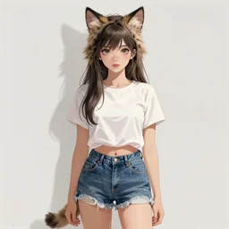 fullbody portrait of wild fluffy half - cat woman with cat nose and ears, wearing summer jeans shorts and tshirt, anime art, concept art, detailed attractive face, symmetrical, trending on pixiv, by lois van baarle by john kirby, artgerm style pascal blanche and magali villeneuve