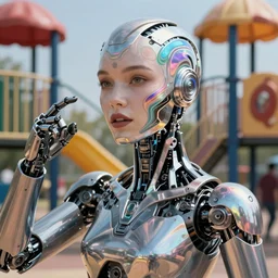 robot having fun in the playground, female face, cyberpunk cyborg, sci - fi, intricate abstract upper body intricate artwork, by tooth wu, wlop, beeple, dan mumford. concept art, octane render, deviantart, greg rutkowski, cinematic arthouse, key art, hyper realism, iridescent accents