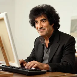 bob ross typing at keyboard in front of a canvas