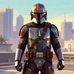 The Mandalorian in GTA V, cover art by Stephen Bliss, artstation, no text, City in the Backround