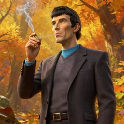 an epic fantasy comic book style portrait painting of spock smoking a space joint and is high, studio ghibli, unreal 5, daz, hyperrealistic, octane render, cosplay, rpg portrait, dynamic lighting, intricate detail, harvest fall vibrancy, cinematic
