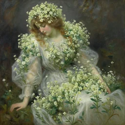 twinflower ( linnaea borealis ) covering over a woman's fully clothed body. gouache fairytale art, russian romanticism, muted palette, backlighting, depth of field