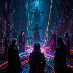 demonic ritual, neon, they are watching, RGB, glowing wires everywhere, pristine, by Ross Tran, Zdzisław Beksiński, and Michael Whelan, distant, gustav dore, H.R. Giger, 8k, octane render