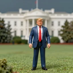 a detailed photo of donald trump as an action figure toy in whitehouse diorama, macro photography, zoom, table