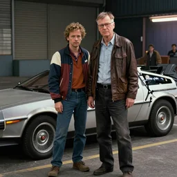film still of Walter White as Doc Brown in Back To The Future, bttf delorean next to him, 4k