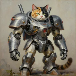 an intricate oil painting of a giant japanese calico cat armored mecha with by simon stalenhag