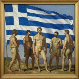 the fourth estate, oil on canvas painting, by giuseppe pellizza da volpedo, with flag of greece in the background