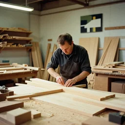 a man working in a wood factory made of wood, film still from the movie directed by wes anderson with art direction by zdzisław beksinski and m. c. escher, wide lens
