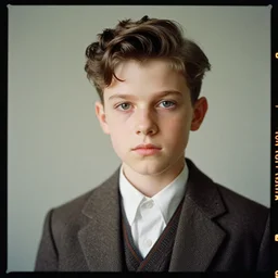 kodak portra 4 0 0, 8 k, highly detailed, britt marling style 3 / 4 photographic close, medium format, press award winning colour portrait of a handsome boy with cat eyes, up face with 1 9 2 0 s hairstyle, 1 9 2 0 s clothing style, asymmetrical, hasselblad x 1 d - 5 0 c, 1 0 0 mm f 1. 8, soft light