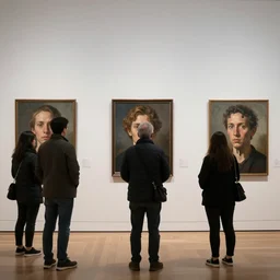 people in an art gallery, stood in front of canvases, their faces melting into the walls, photorealistic, high definition, 8 5 mm lens w 1 0 2 4 h 7 6 8