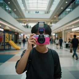 a weird place full of people but now empty with eerie feeling, disposable colored camera, camera flash, house, mall, hallway, playground, office