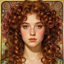 beautiful face girl curly hair portrait, chubby cheeks, brown eyes, round georgian face!, by artgerm, cushart krenz, greg rutkowski, storyboard, mucha. art nouveau. gloomhaven, swirly vibrant ripples, gaudy colors, sharp edges. ultra clear detailed. 8 k. elegant, intricate, octane render