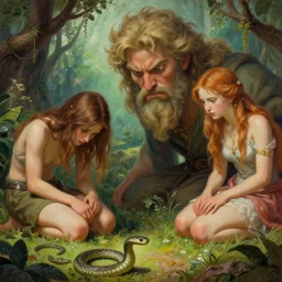 Close-up of God being angry in the Garden of Eden. Adam and Eve look very guilty and the snake is leaving the scene quietly - Matte painting , detailed painting, made by Edgar Maxence and Ross Tran and Michael Whelan, Lorenzo Sperlonga Legends of Runeterra