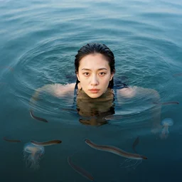 a closeup portrait of a woman, swimming in a lake full of millions of eels and jellyfish, color photograph, by vincent desiderio, canon eos c 3 0 0, ƒ 1. 8, 3 5 mm, 8 k, medium - format print