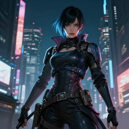 candid action image of a fierce dangerous female cyberpunk hacker samurai in neotokyo at night, futuristic cyberpunk tokyo night, sci - fi and fantasy, intricate and very beautiful, highly detailed, digital painting, artstation, concept art, smooth and sharp focus, illustration, art by tian zi and wlop and alphonse mucha