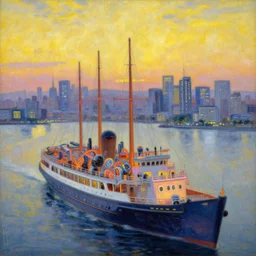 a neon robotic cyberpunk steamboat in bay of tokyo, retrofuturistic japanese impressionism, huge city, oil on canvas, natural colors, horizon, golden hour, masterpiece, detailed, ethereal, megalophobia, by gustave caillebotte, wlop, mucha, greg rutkowski