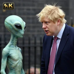press photograph of boris johnson meeting aliens, hyperrealist, 4 k