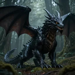 a giant black dragon in a scary forest in the style of lord of the rings, 8 k, moody lighting, shallow depth of field, raytracing,