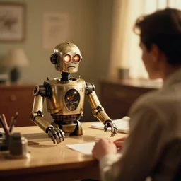 a 2 8 mm macro kodachrome photo of a sad metallic cyborg droid with glowing lights, talking to a human therapist in the therapist's office in the 1 9 5 0's, seen from a distance, bokeh, canon 5 0 mm, cinematic lighting, film, photography, golden hour, depth of field, award - winning