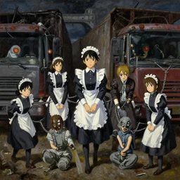 baroque oil painting of key visual concept art of anime maids chaining captured pows to trucks, brutalist, dark fantasy, rule of thirds golden ratio, fake detail, trending pixiv fanbox, acrylic palette knife, style of makoto shinkai studio ghibli genshin impact james gilleard greg rutkowski chiho aoshima