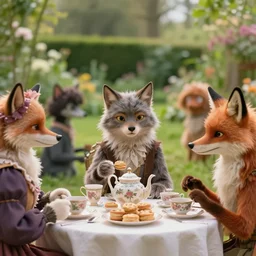 film still from the movie chappie outdoor park plants garden scene bokeh depth of field several figures sitting down at a table having a delicious grand victorian tea party crumpets furry anthro anthropomorphic stylized cat ears wolf muzzle head fox fur