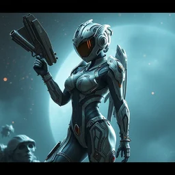 sexy fighter ornate feminine cyborg in full body skin space suit, helmet, concept art, joshua rife, gun, intricate, highlydetailed, space background, artstation 4 k raytracing, shadows, highlights, illumination