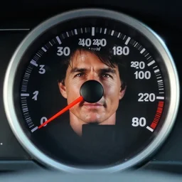 tom cruise's face in a car speedometer, car speed controls with tom cruise's face, mph