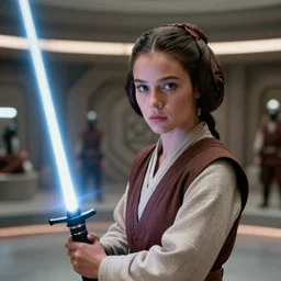 screenshot portrait Leia learning to use a lightsaber at a new Jedi Temple scene from the last jedi, 1970s film by Stanley Kubrick, serene, iconic scene, stunning cinematography, hyper detailed, sharp, anamorphic lenses, kodak color film, 4k