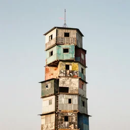 a tower made up of makeshift squatter shacks with bleached colours, mamiya, 8 5 mm, f 1. 7, fully frontal view, uniform plain sky, light leaks, digital glitches, photographed by cristina de middel