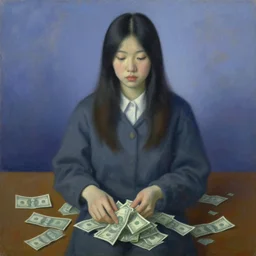 impressionist surreal painting of asian girl who lost her money